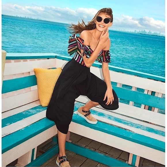 CAROLINE CONSTAS Rainbow Stripe Sweetheart Neck Ruffled Off Shoulder Top XS - Picture 10 of 11